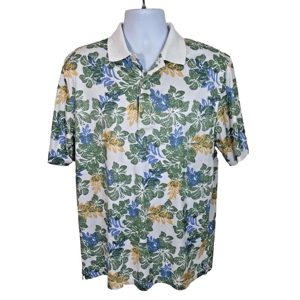 Greg Norman Polo‎ Shirt Mens Sz M Play Dry Golf Floral Hibiscus Hawaiian